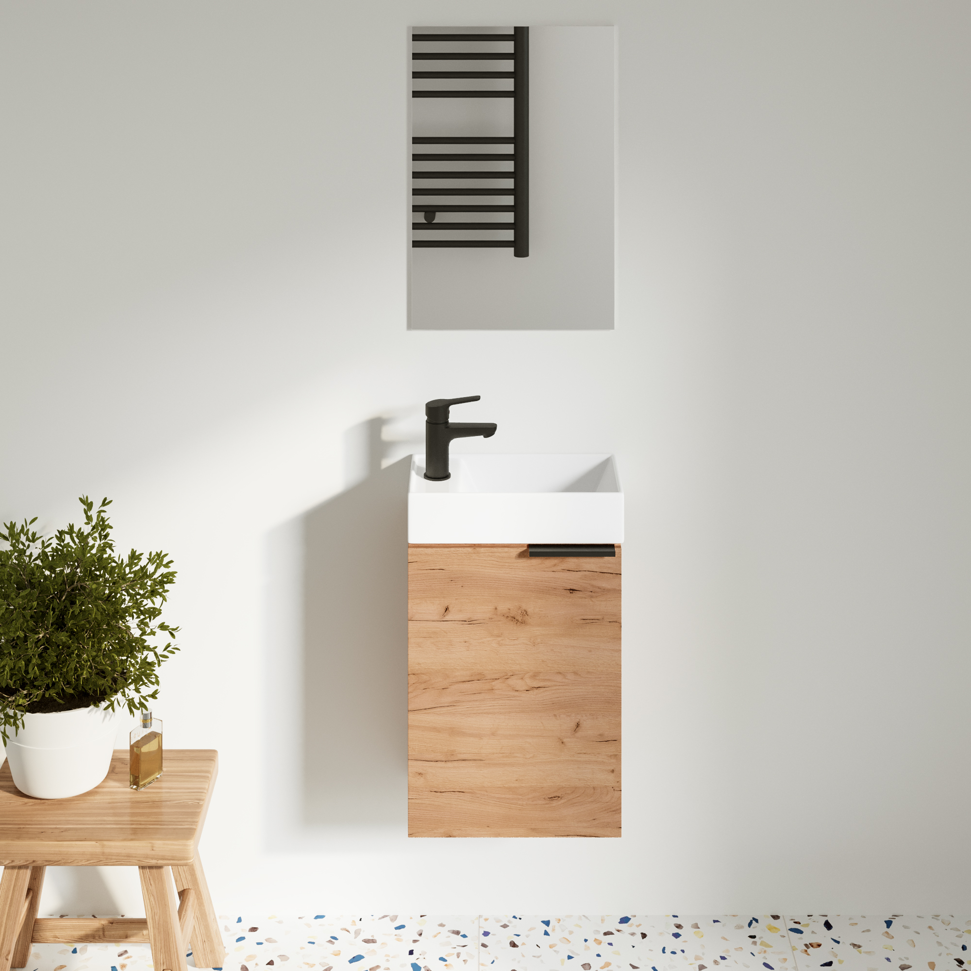 Servantskap Kub Tre Gull Craft Oak Matt med Servant, Speil & Servantbatteri Svart Matt