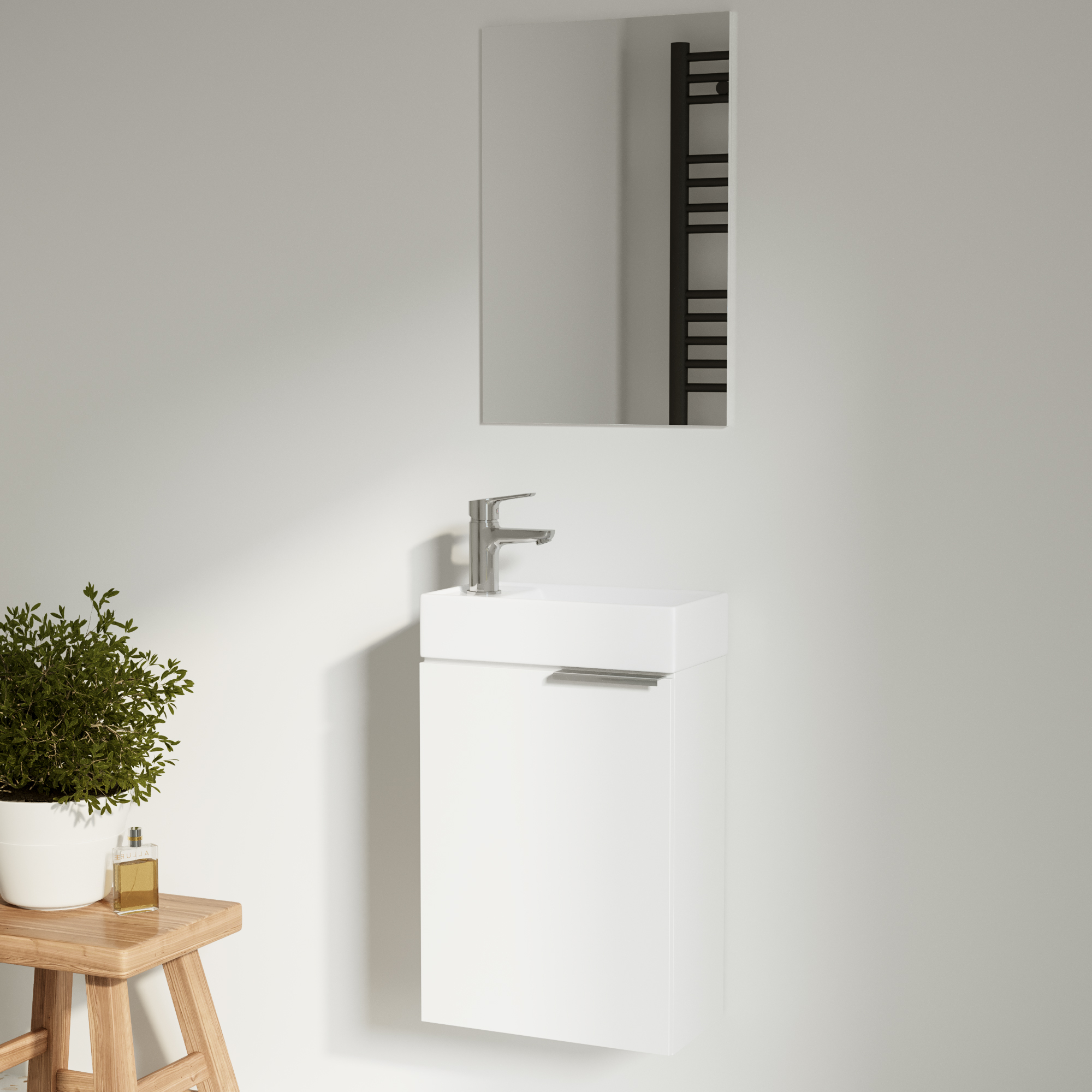 Servantskap Kub Hvit Matt med Servant, Speil & Servantbatteri Krom Blank