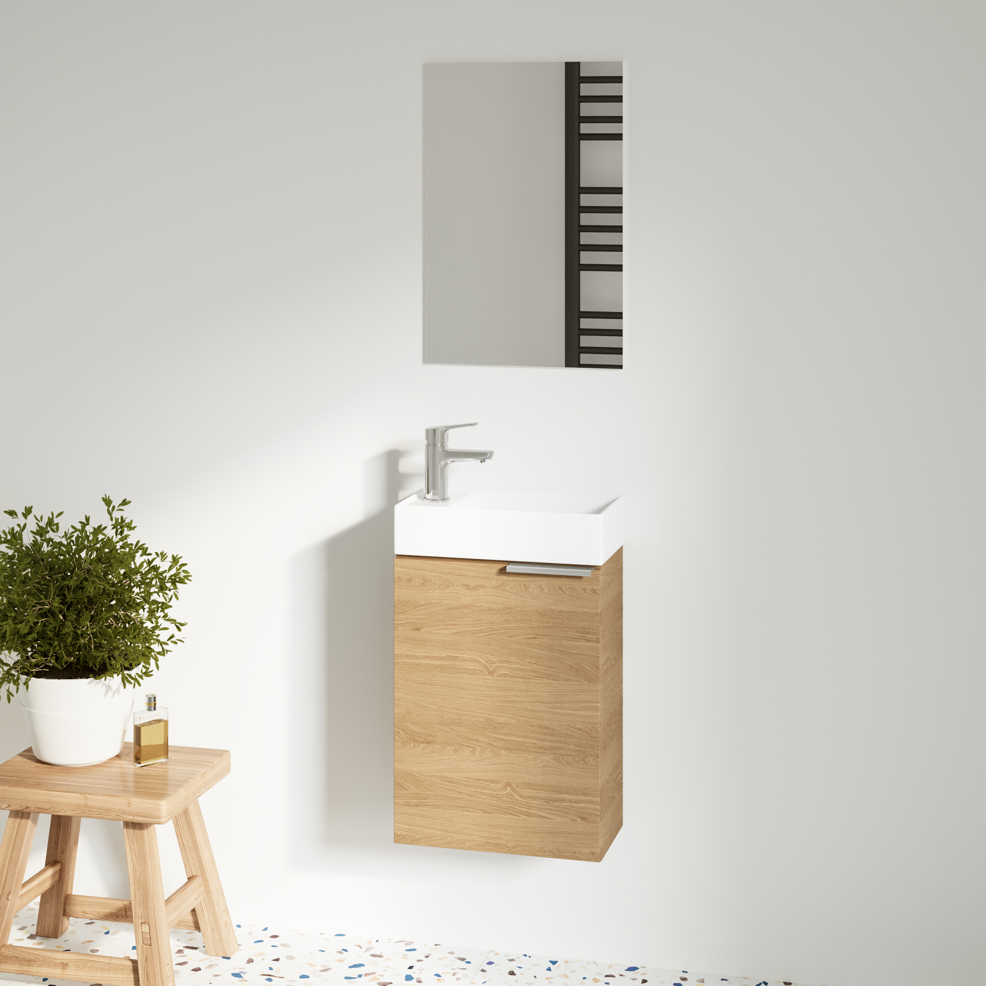 Servantskap Kub Tre Sonoma Oak Matt med Servant, Speil & Servantbatteri Krom Blank