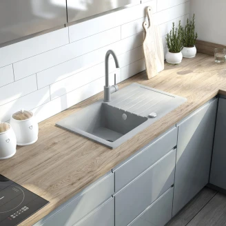 Granit Kjøkkenvask <strong>Zorba</strong> Grå Metallic Matt 76x44 cm med Blandebatteri og Vannlås
