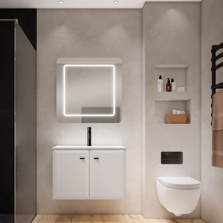 Servantskap Tandem Beige-Stripet Matt 80 cm med To Dører med Servant Hvit Blank