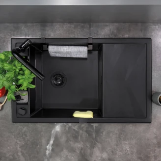 Granitt Kjøkkenvask <strong>Magnetic</strong> Metallic Grafitt Matt 82x50 cm med Vannlås