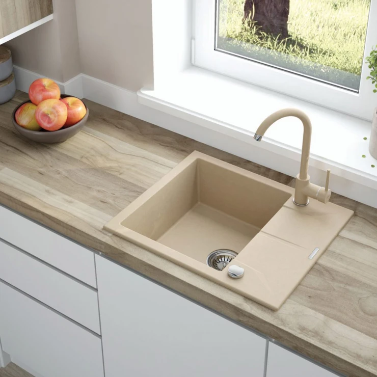 Granitt Kjøkkenvask Andante Sand Matt 59x49 cm med Vannlås