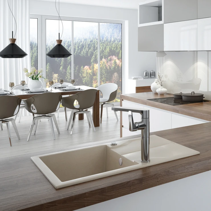 Granitt Kjøkkenvask Andante Hvit Matt 78x49 cm med Vannlås