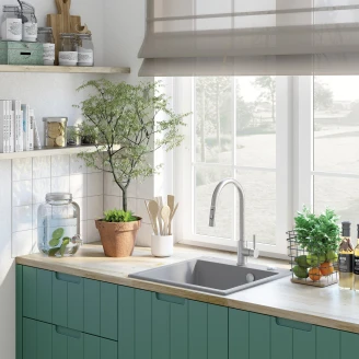 Granitt Kjøkkenvask Evora Grå Metallic Matt 50x50 cm med Vannlås