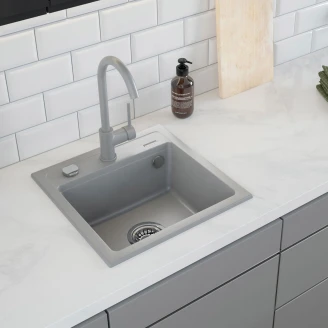Granitt Kjøkkenvask <strong>Zorba</strong> Grå Metallic Matt 44x44 cm med Vannlås