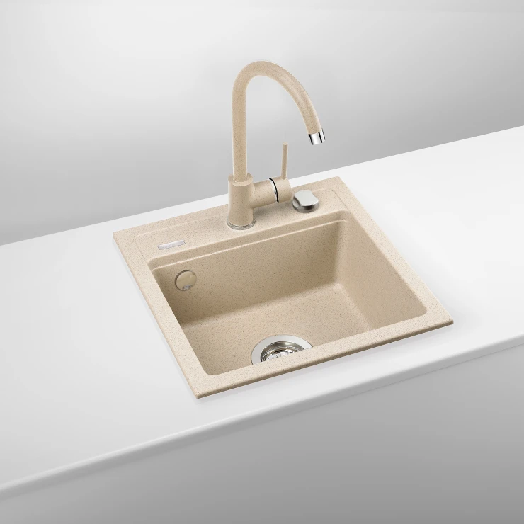 Granitt Kjøkkenvask Zorba Sand Matt 44x44 cm med Vannlås