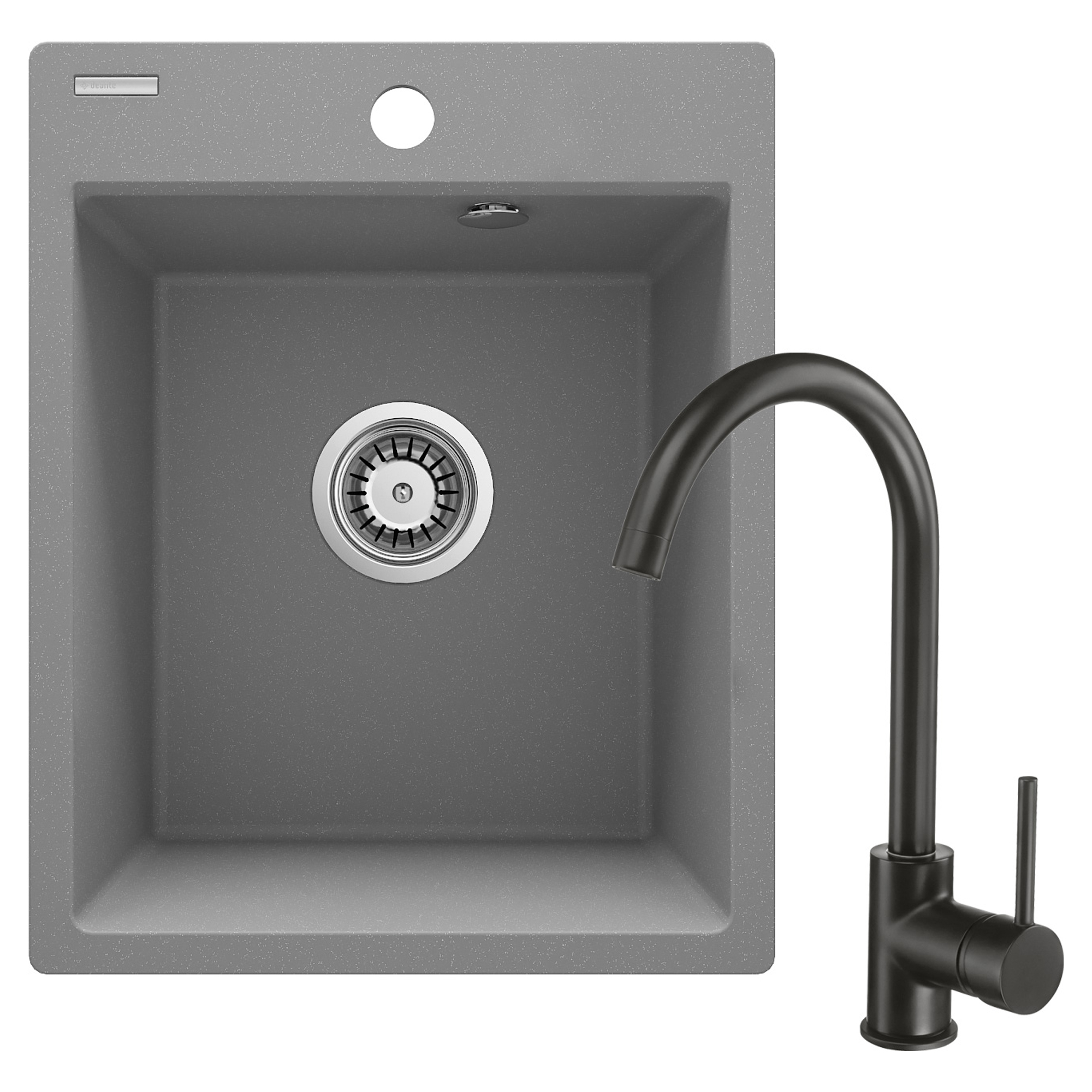 Granitt Kjøkkenvask Corio Grå Metallic Matt 40x50 cm med Blandebatteri og Vannlås