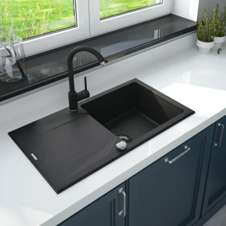 Granitt Kjøkkenvask Evora Svart Matt 78x44 cm med Blandebatteri og Vannlås