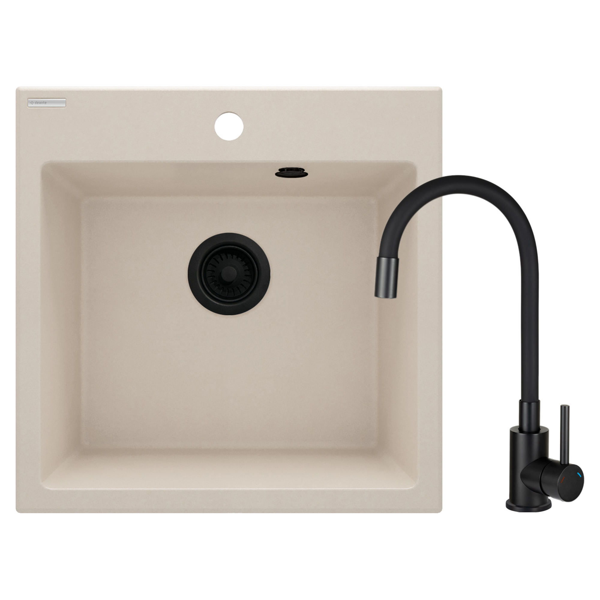 Granitt Kjøkkenvask Evora Beige Matt 50x50 cm med Blandebatteri og Vannlås