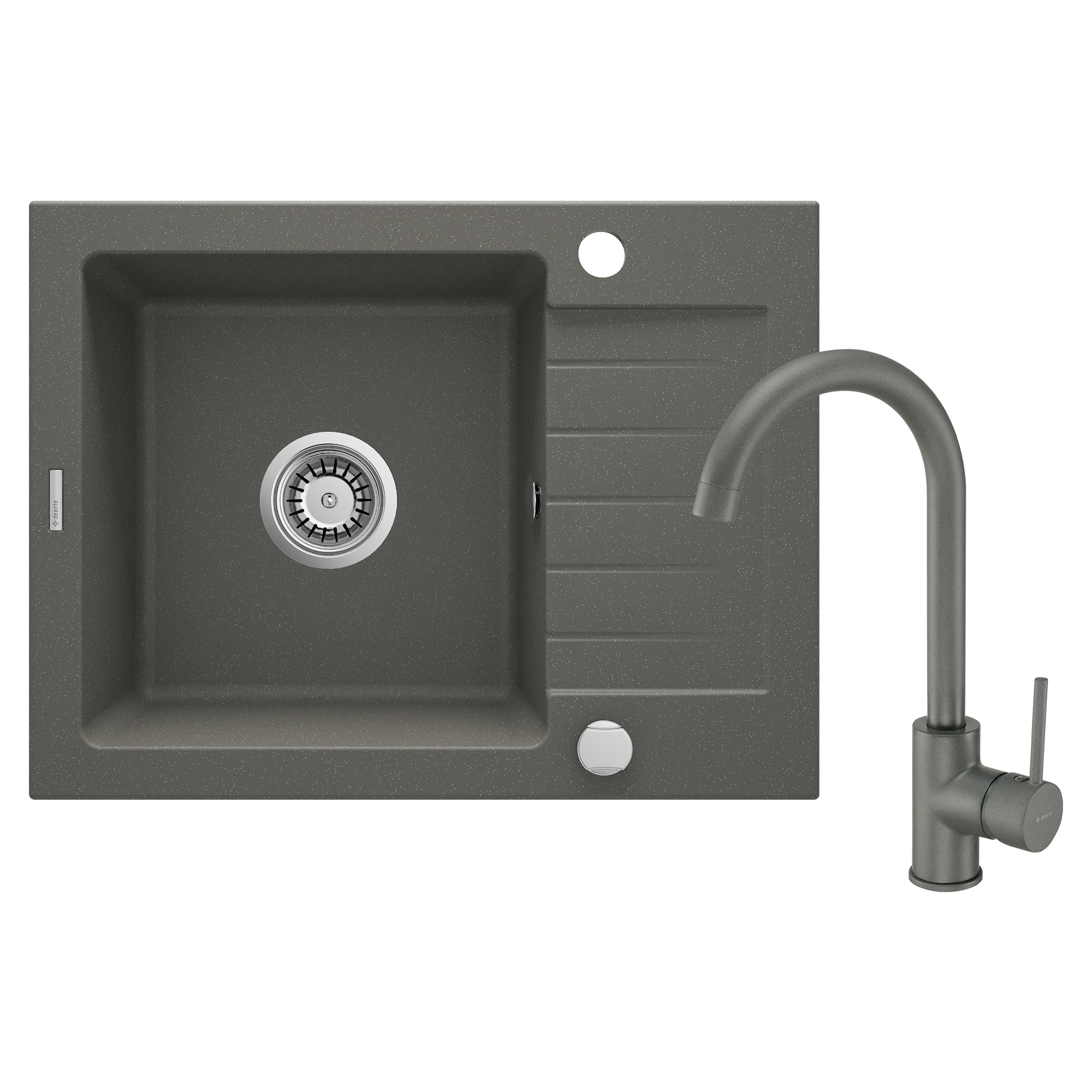 Granitt Kjøkkenvask Zorba Antrasitt Metallic Matt 58x44 cm med Blandebatteri og Vannlås