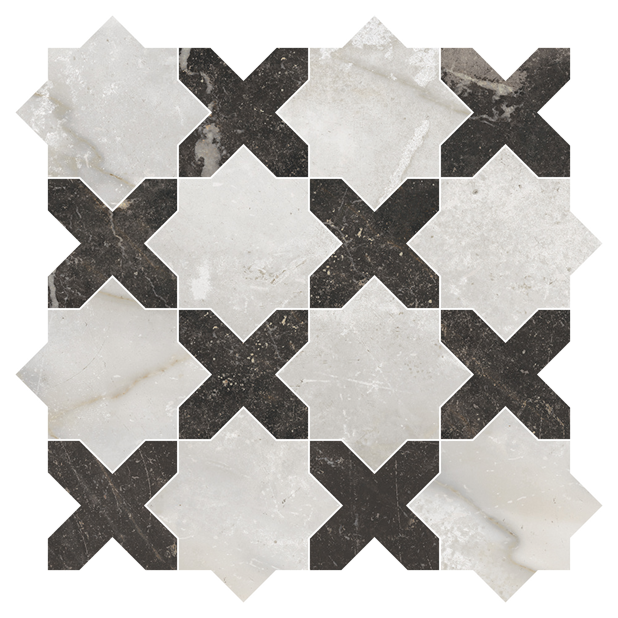 Marmor Mosaikk Gulvflis Canterbury Perlegrå-Nattsvart Krysstjære Matt 30x30 cm