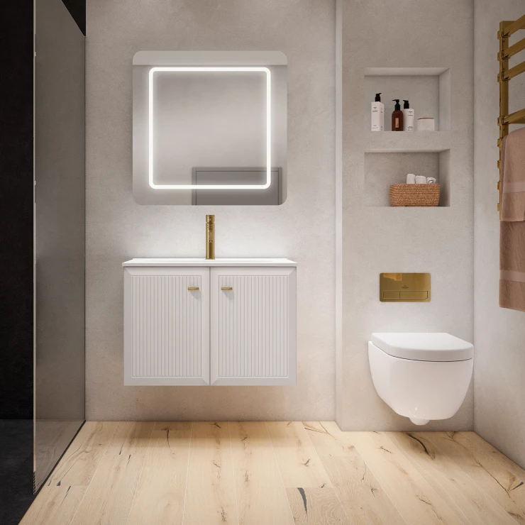 Servantskap Gold Tandem Beige-Stripet Matt 80 cm med Två Dørar med Servant Hvit Blank