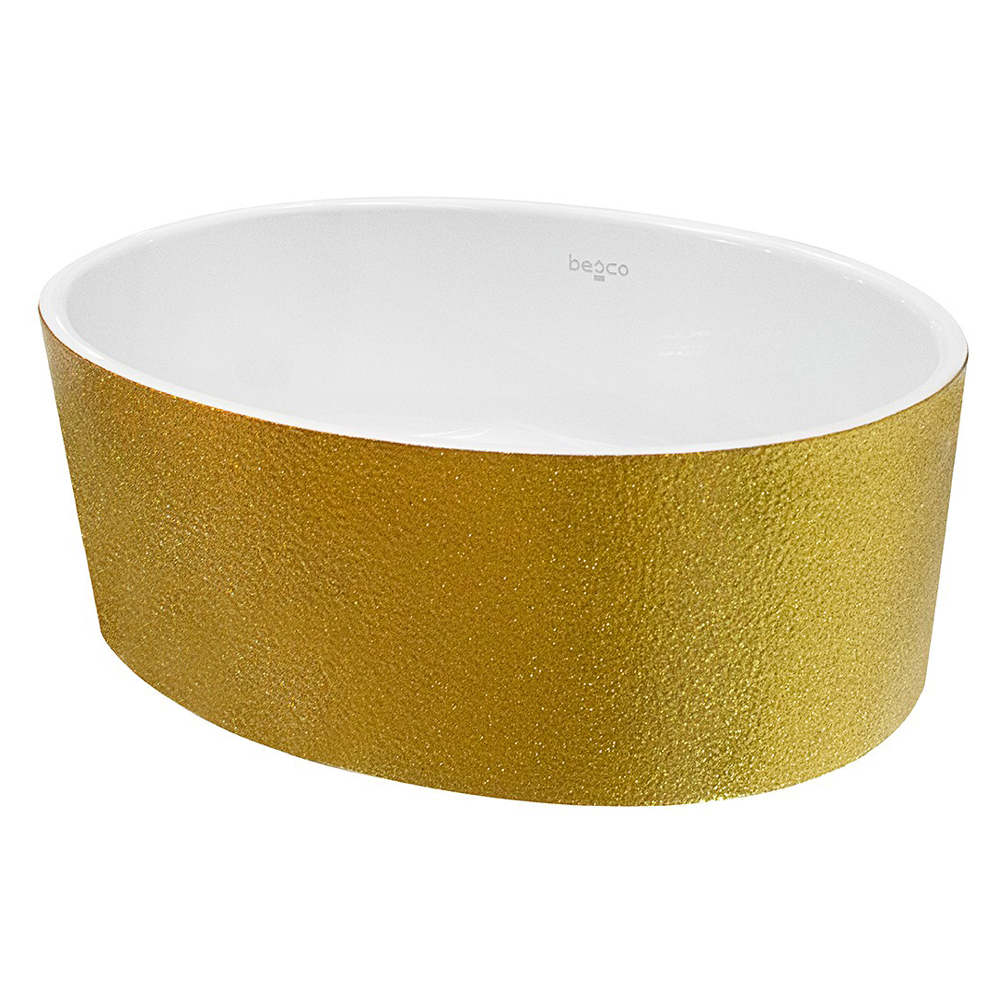 Håndlaget Mineral DuraBe Servant Luminara Gull Blank 32x46 cm med Krom Pop-up Bunnventil