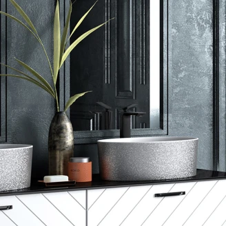 Håndlaget Mineral DuraBe Servant <strong>Luminara</strong>  Sølv Blank 32x46 cm med Hvit Pop-up Bunnventil