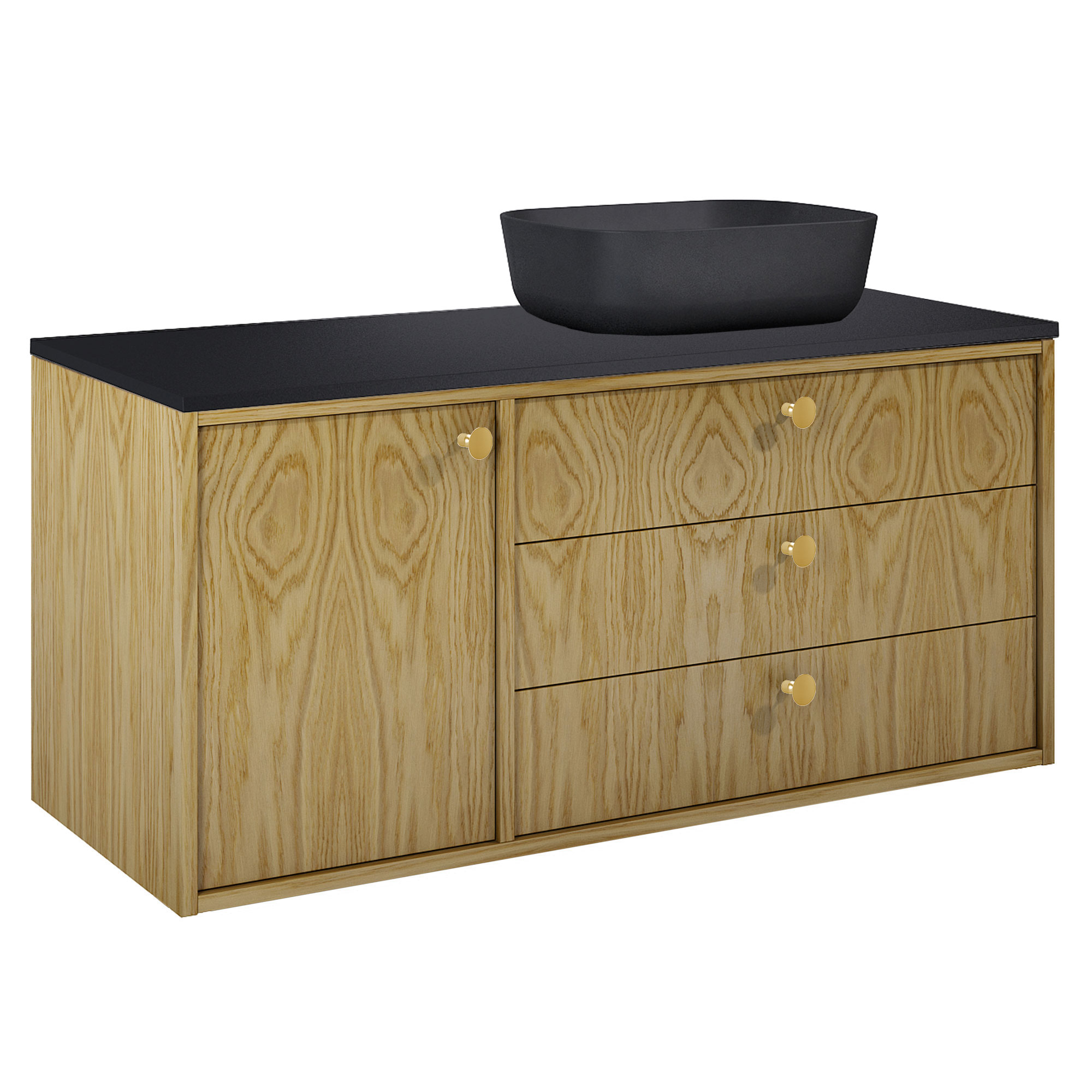 Servantskap Madera Eik Høyre 120 cm med Benkeplate Svart & Håndtak Gull