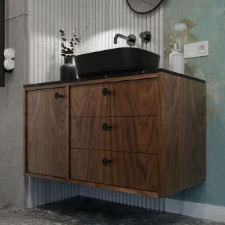Servantskap <strong>Vinyl</strong>  Valnøtt Høyre 100 cm med Benkeplate Marmor Svart & Håndtaken Svart
