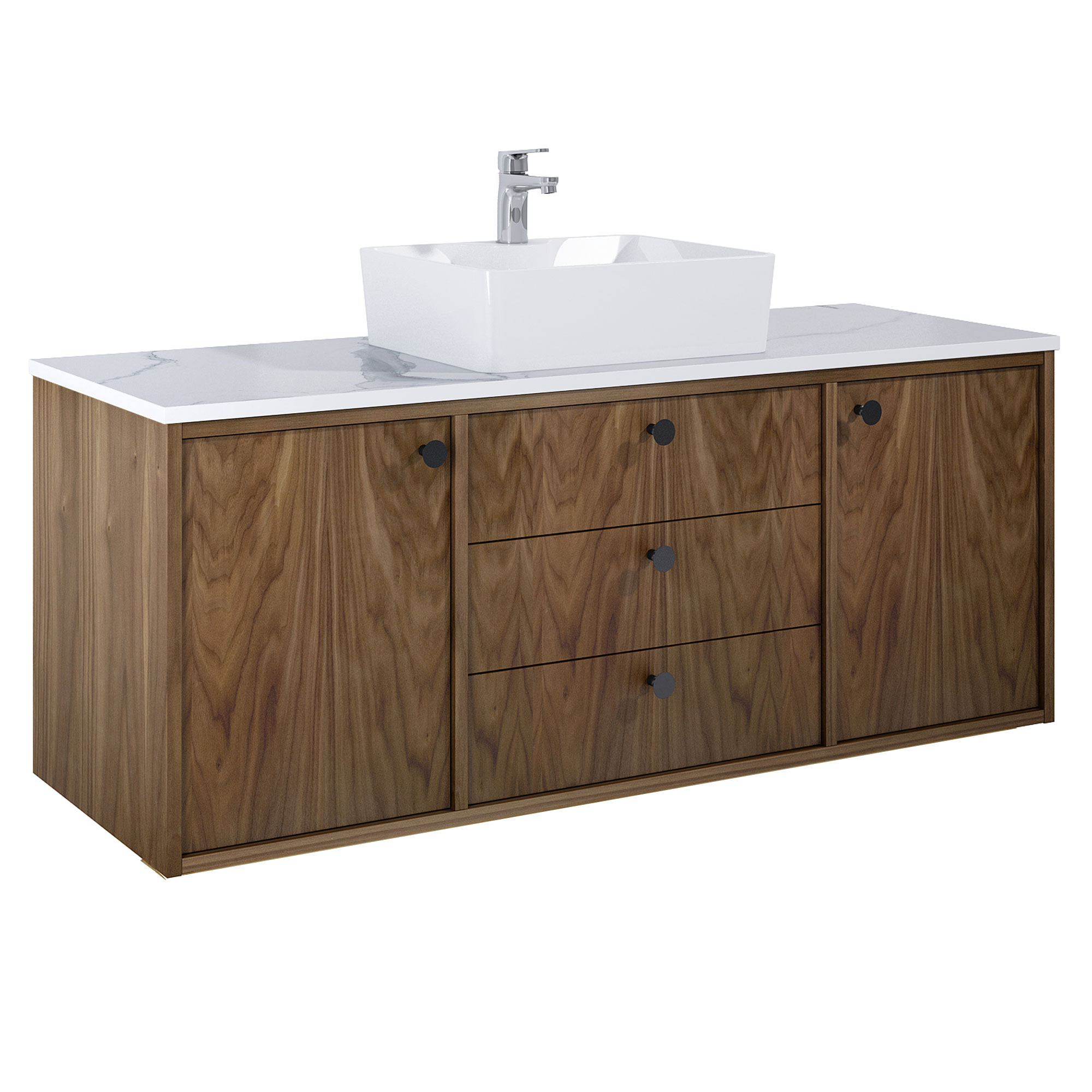 Servantskap Madera Valnøtt 140 cm med Benkeplate Marmor Hvit & Håndtaken Svart