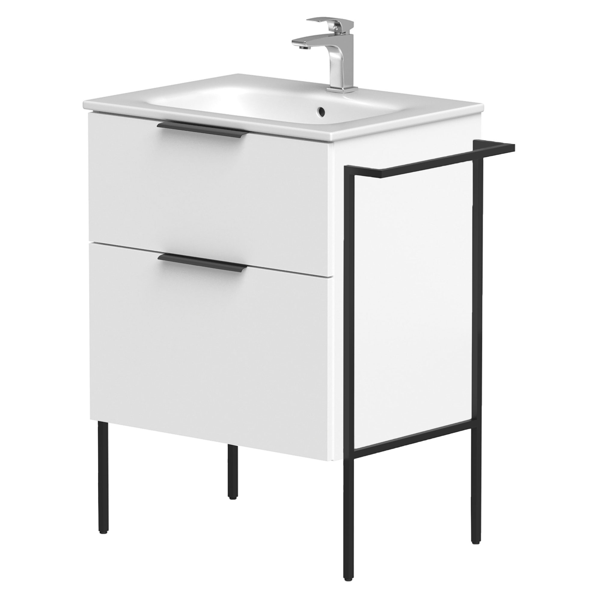 Servantskap Velira Hvit Matt 60 cm med Handfat Hvit, Håndtaken Svart & Ben