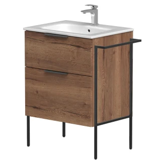 Servantskap <strong>Velira</strong>  Tre Eik Matt 60 cm med Handfat Hvit, Håndtaken Svart & Ben
