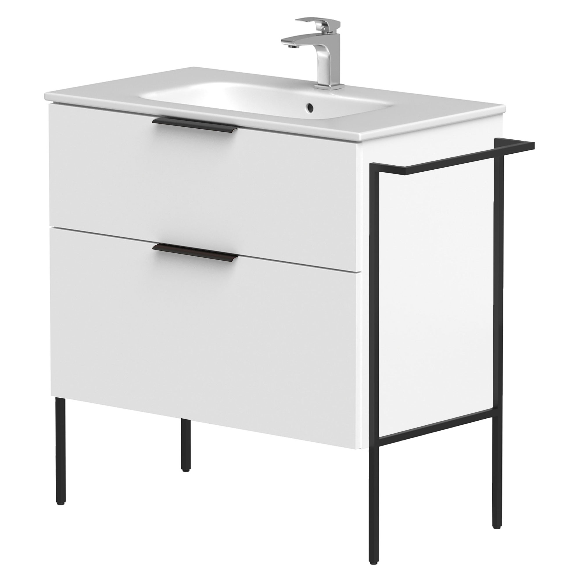 Servantskap Velira Hvit Matt 80 cm med Handfat Hvit, Håndtaken Svart & Ben