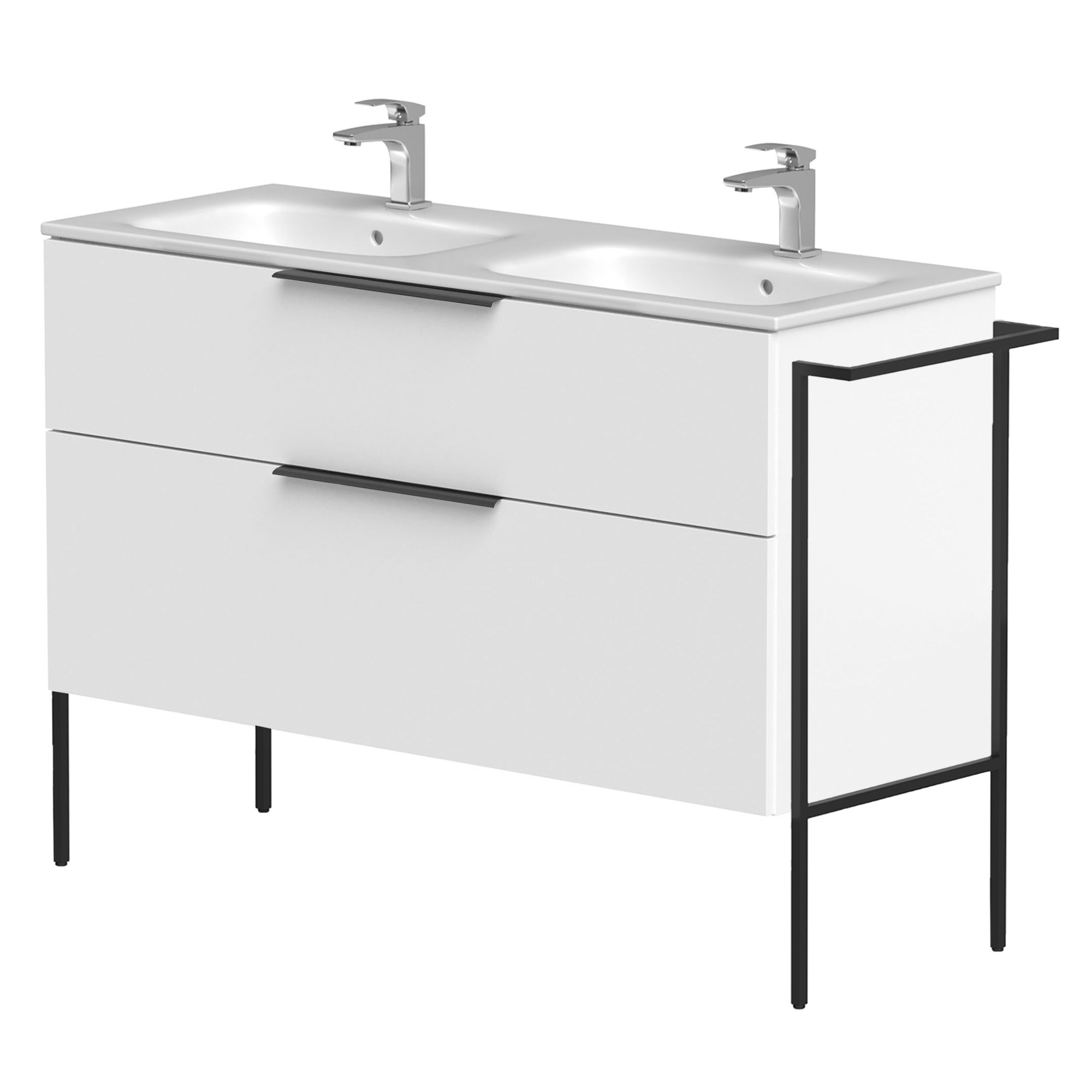 Dobbelt Servantskap Velira Hvit Matt 120 cm med Handfat Hvit, Håndtaken Svart & Ben
