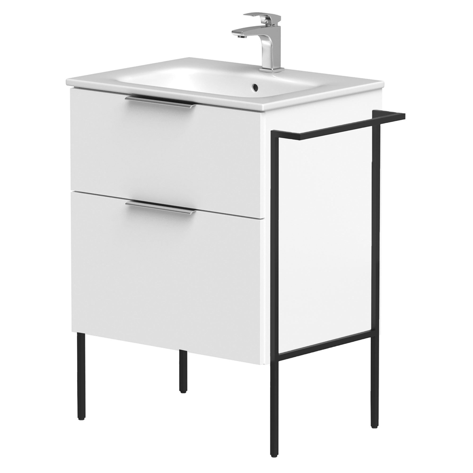Servantskap Velira Hvit Matt 60 cm med Handfat Hvit, Håndtaken Krom & Ben