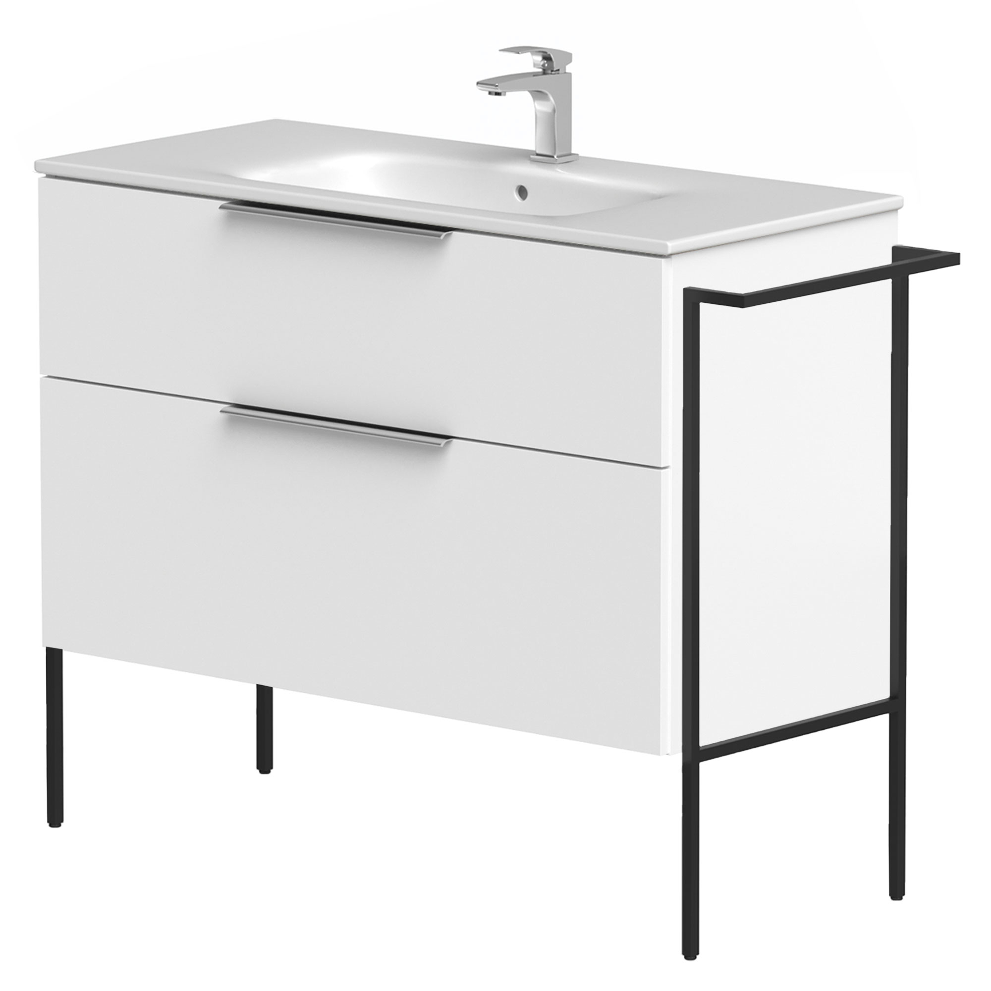 Servantskap Velira Hvit Matt 100 cm med Handfat Hvit, Håndtaken Krom & Ben
