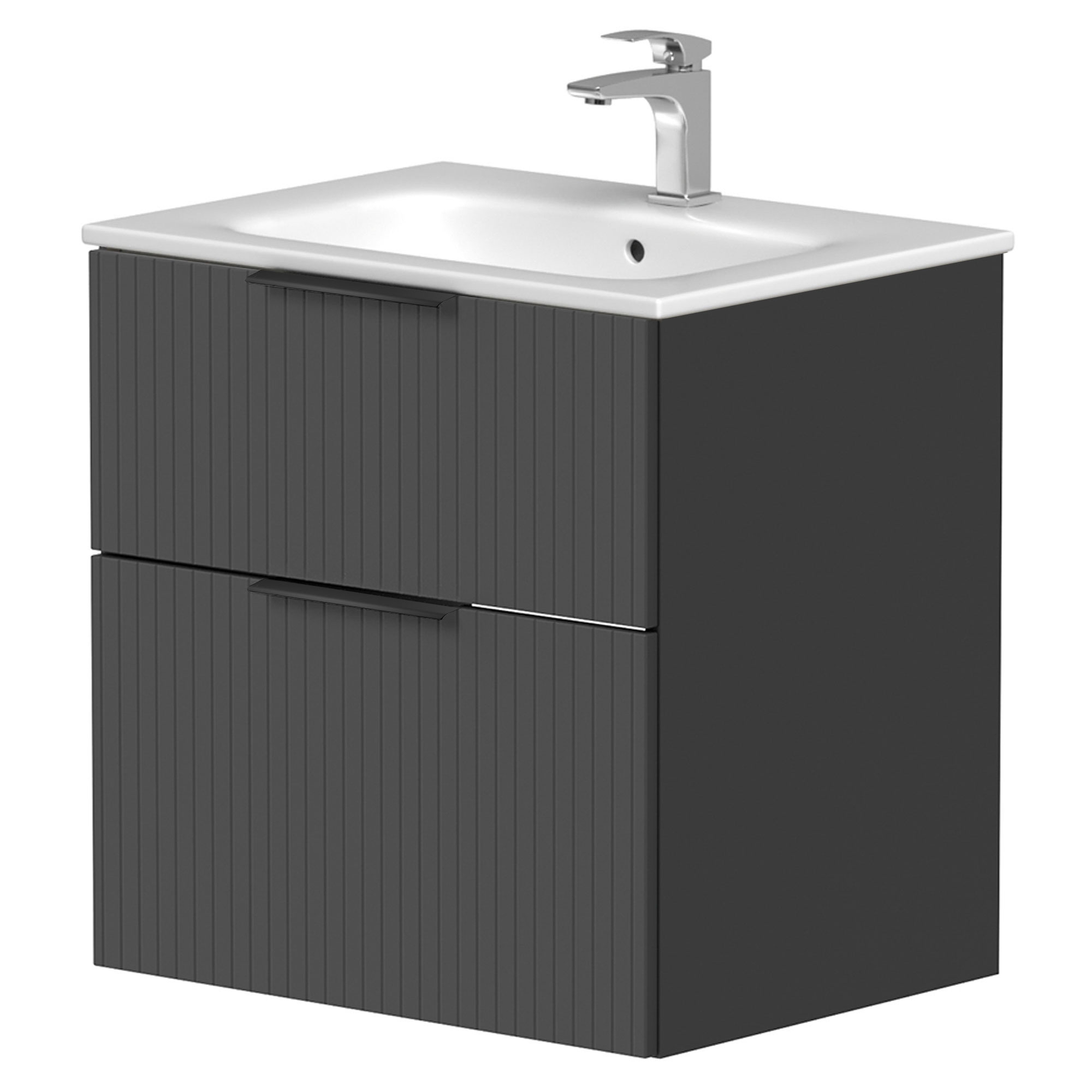 Servantskap Velira Grafitt Riflet Matt 60 cm med Handfat Hvit & Håndtaken Svart