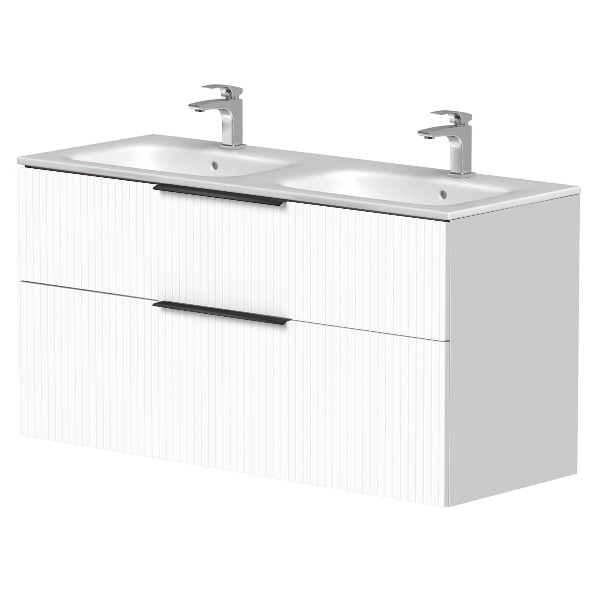 Dubbelt Servantskap Velira Hvit Riflet Matt 120 cm med Handfat Hvit & Håndtaken Svart