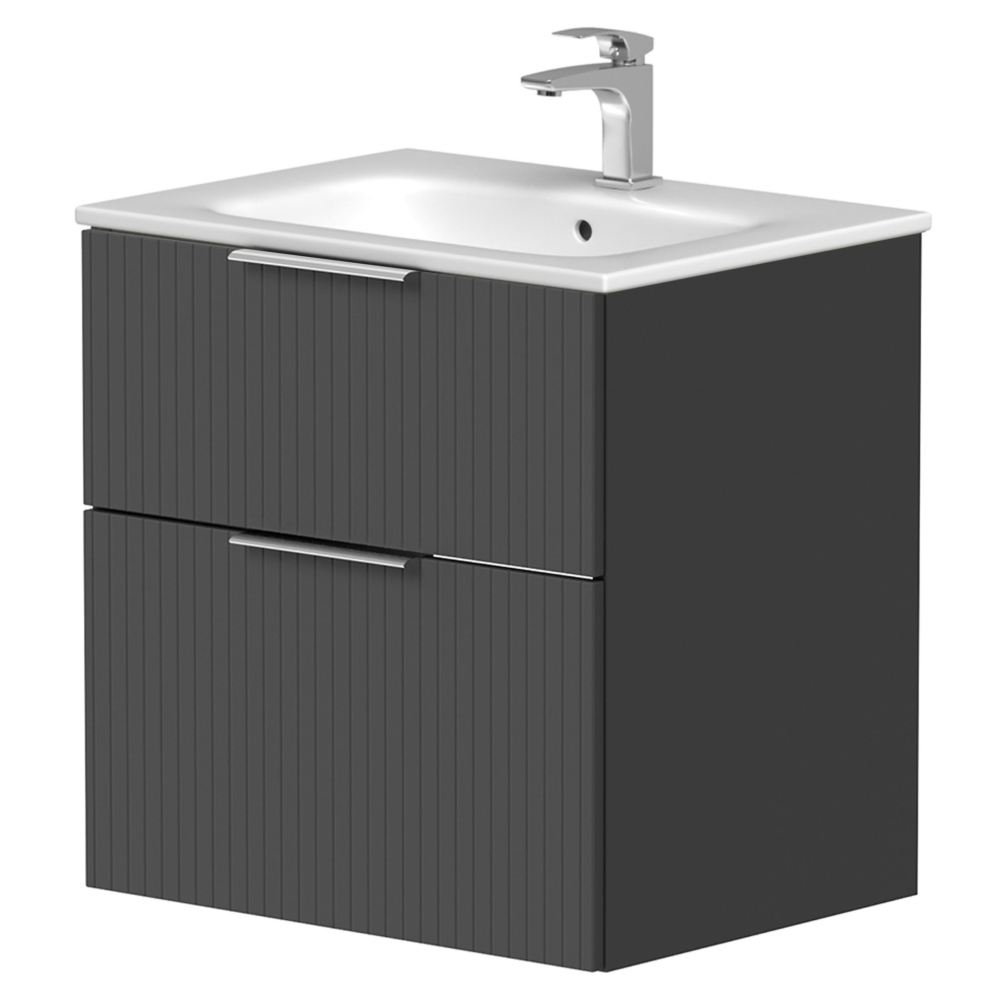 Servantskap Velira Grafitt Riflet Matt 60 cm med Handfat Hvit & Håndtaken Krom
