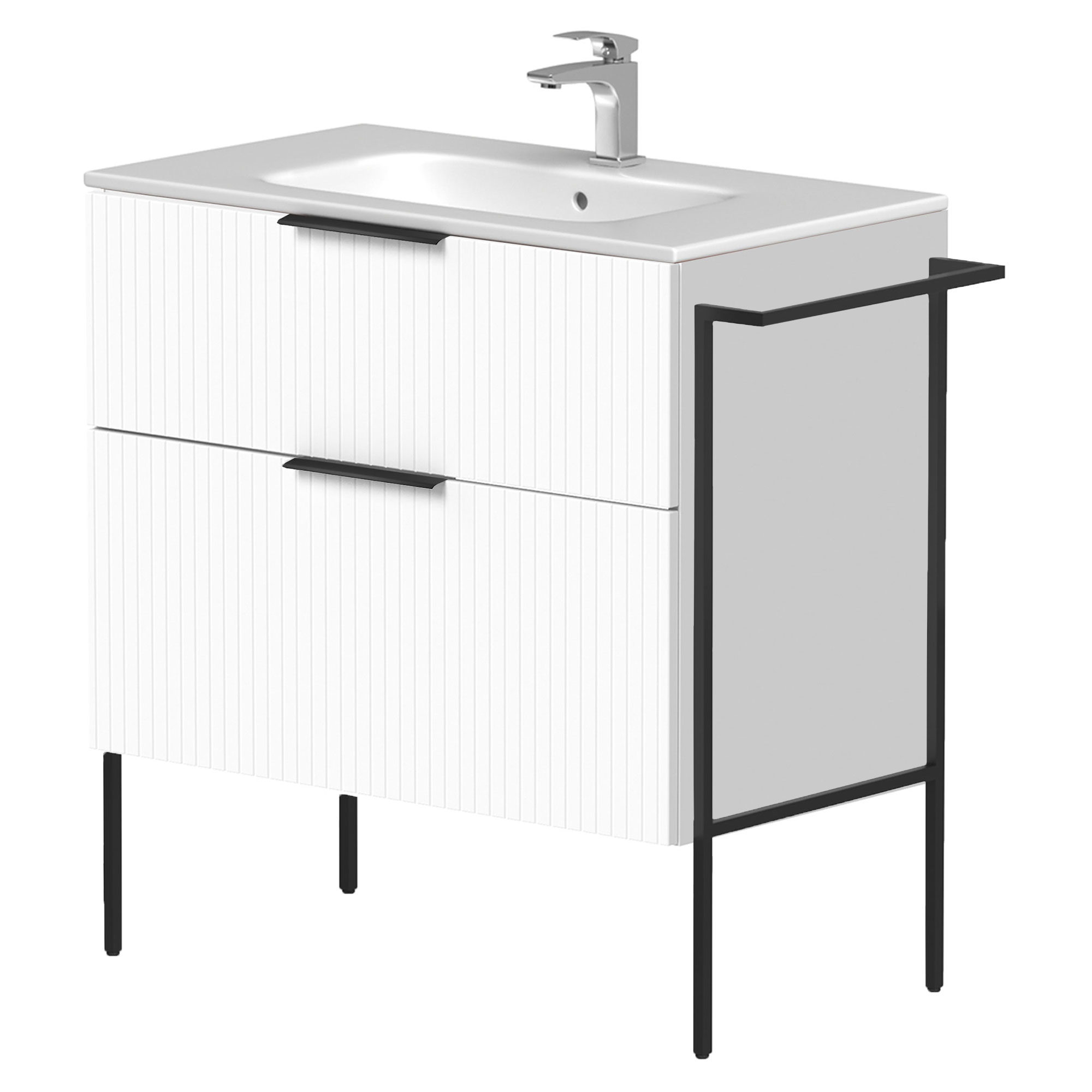 Servantskap Velira Hvit Riflet Matt 80 cm med Handfat Hvit, Håndtaken Svart & Ben