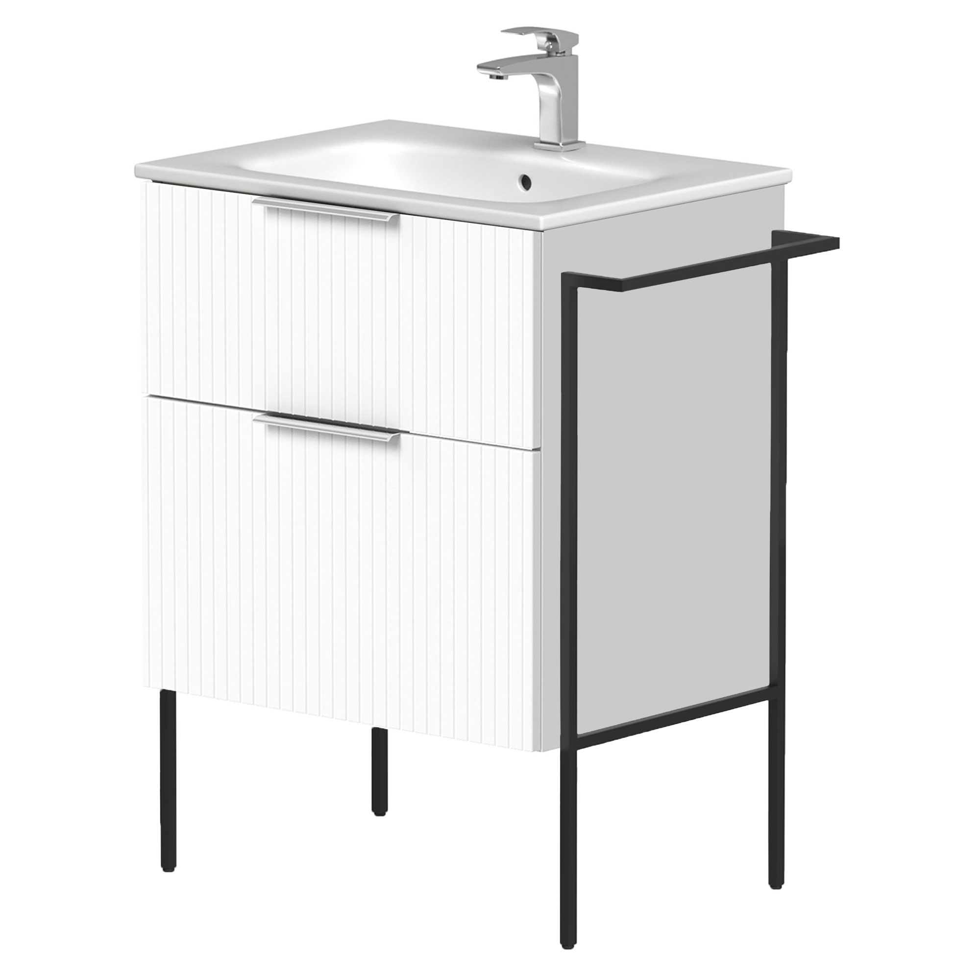 Servantskap Velira Hvit Riflet Matt 60 cm med Handfat Hvit, Håndtaken Krom & Ben