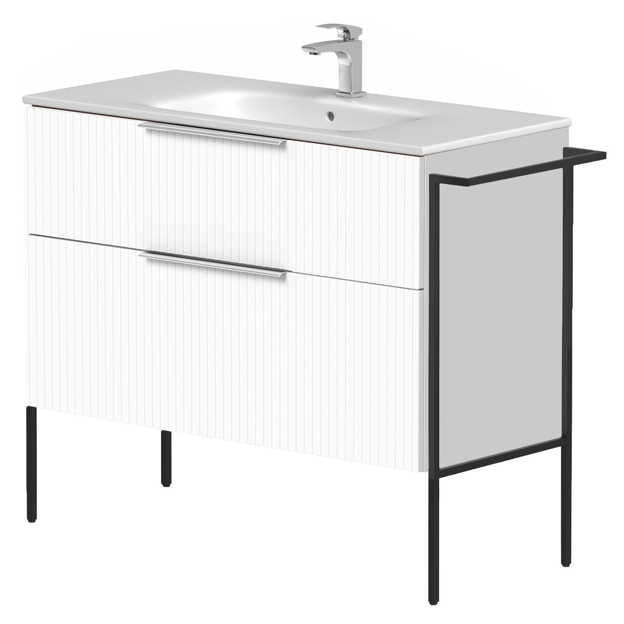 Servantskap Velira Hvit Riflet Matt 100 cm med Handfat Hvit, Håndtaken Krom & Ben