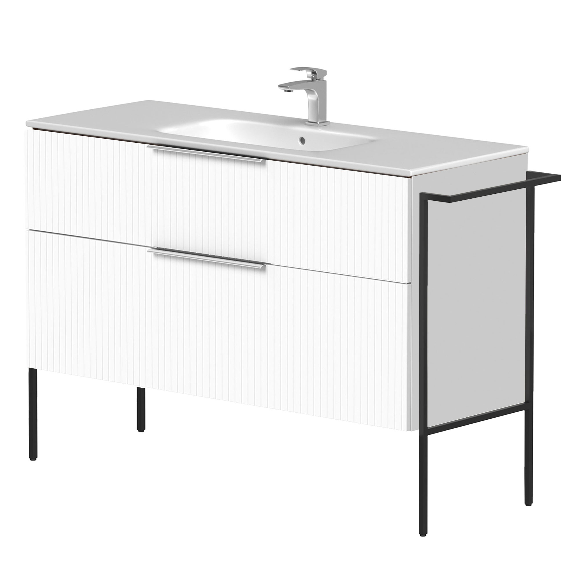 Servantskap Velira Hvit Riflet Matt 120 cm med Handfat Hvit, Håndtaken Krom & Ben