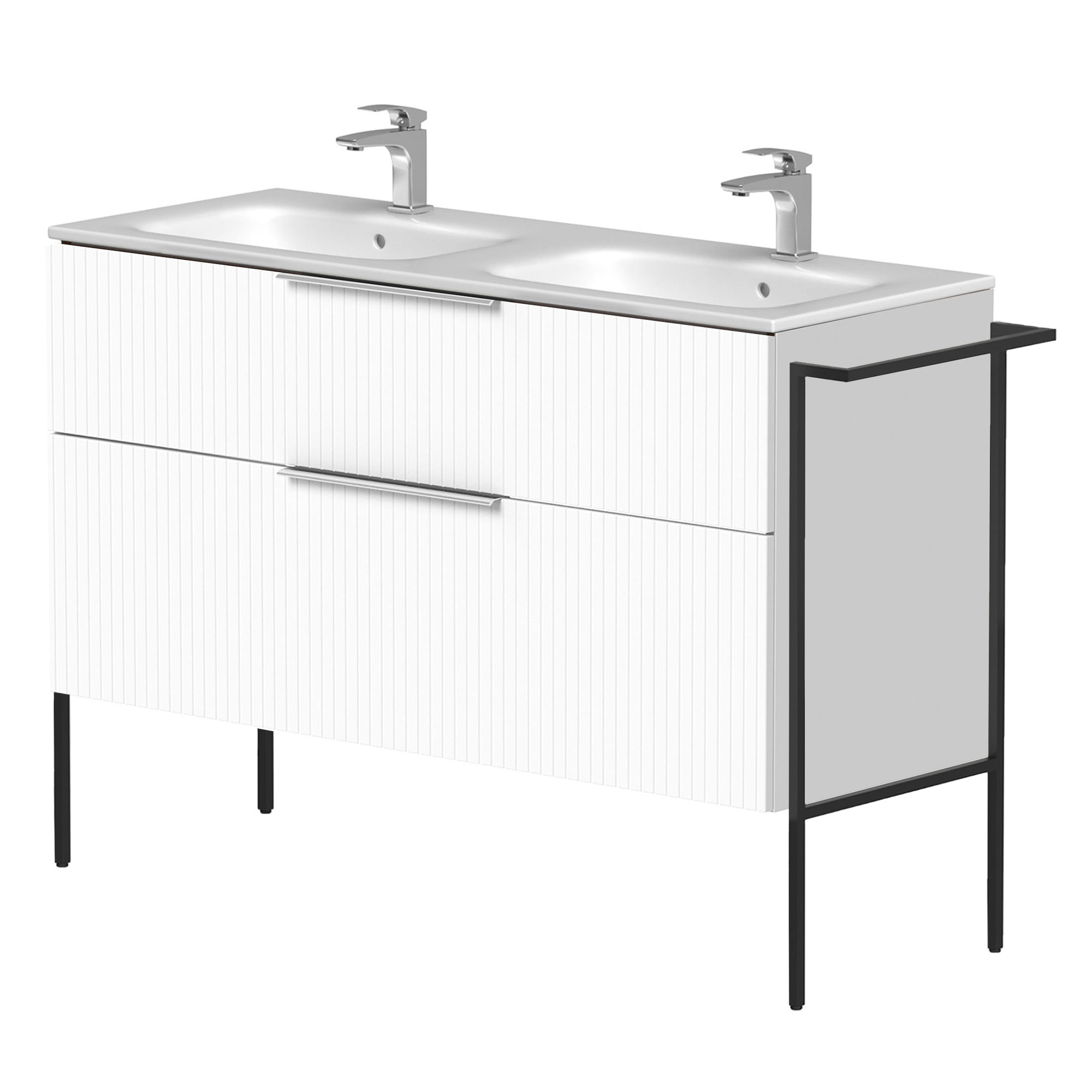Dubbelt Servantskap Velira Hvit Riflet Matt 120 cm med Handfat Hvit, Håndtaken Krom & Ben