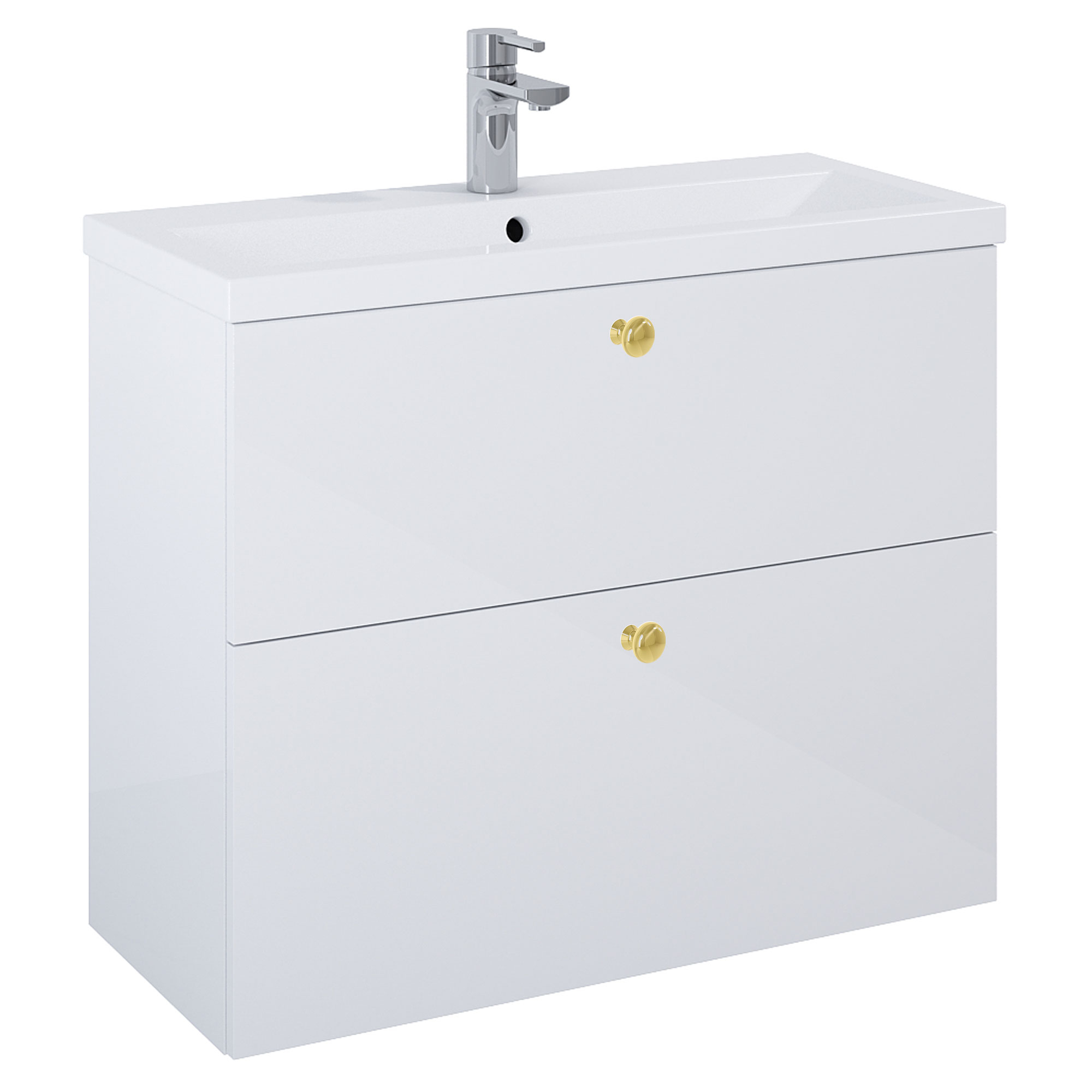 Servantskap Gull Minimal Hvit Blank 80 cm med To Skuffer & Servant Hvit Blank
