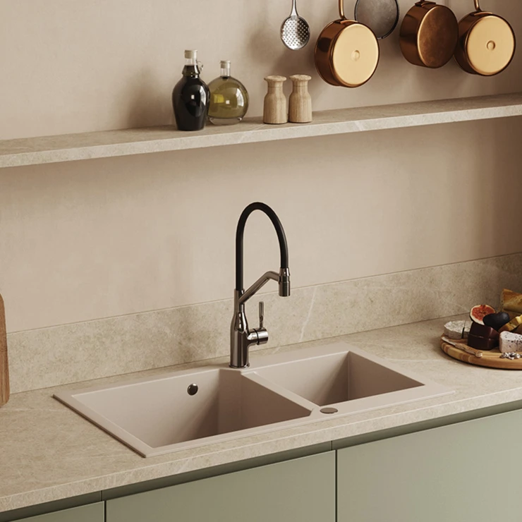 Granitt Kjøkkenvask Monolit Beige Matt 98x50 cm med Vannlås