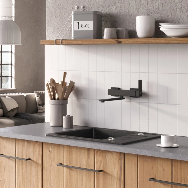 Granitt Kjøkkenvask Brava Svart Matt 65x44 cm med Vannlås