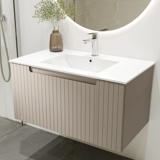 Servantskap <strong>Ribb</strong>  Beige Matt 80 cm med Servant Hvit Blank
