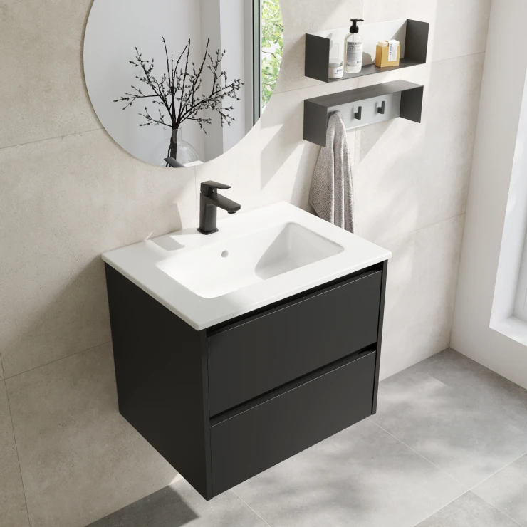 Møbelpakke Servantskap Norrvi Svart Matt 60 cm med Hylla og Klädhängare, Speil, Blandare & Bunnventil