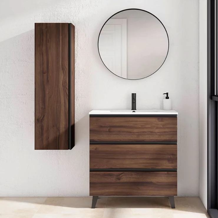 Servantskap Luna Tre Mörk 80 cm med Tre Skuffer & Servant Hvit Blank