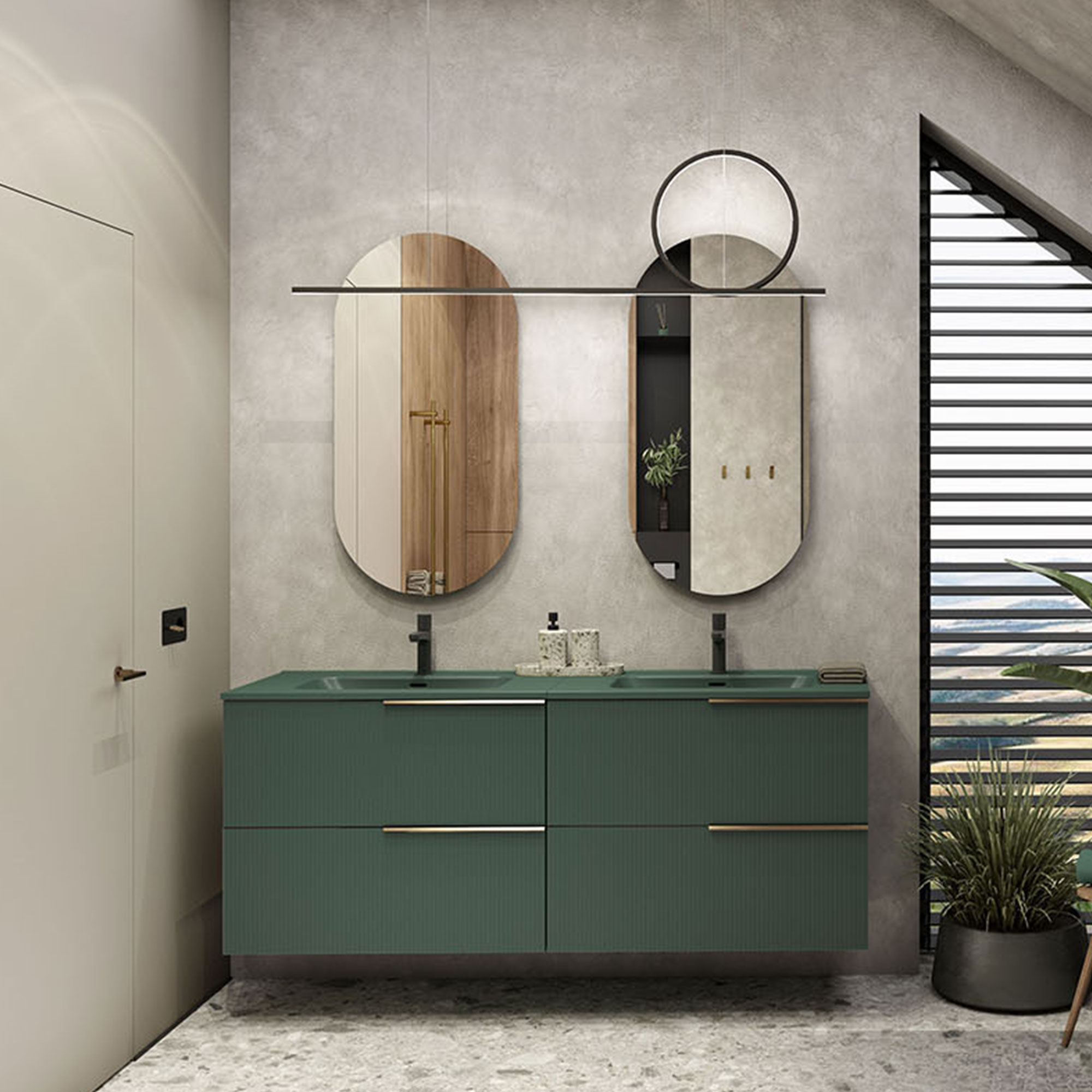 Baderomspakke Dobbelt Servantskap Satin Grønn Matt 160 cm med Dobbel Servant og To Speil