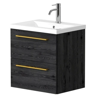 Servantskap <strong>Brook</strong>  Svart Eik Matt 50x38 cm med Handfat Hvit & Håndtaken Gull