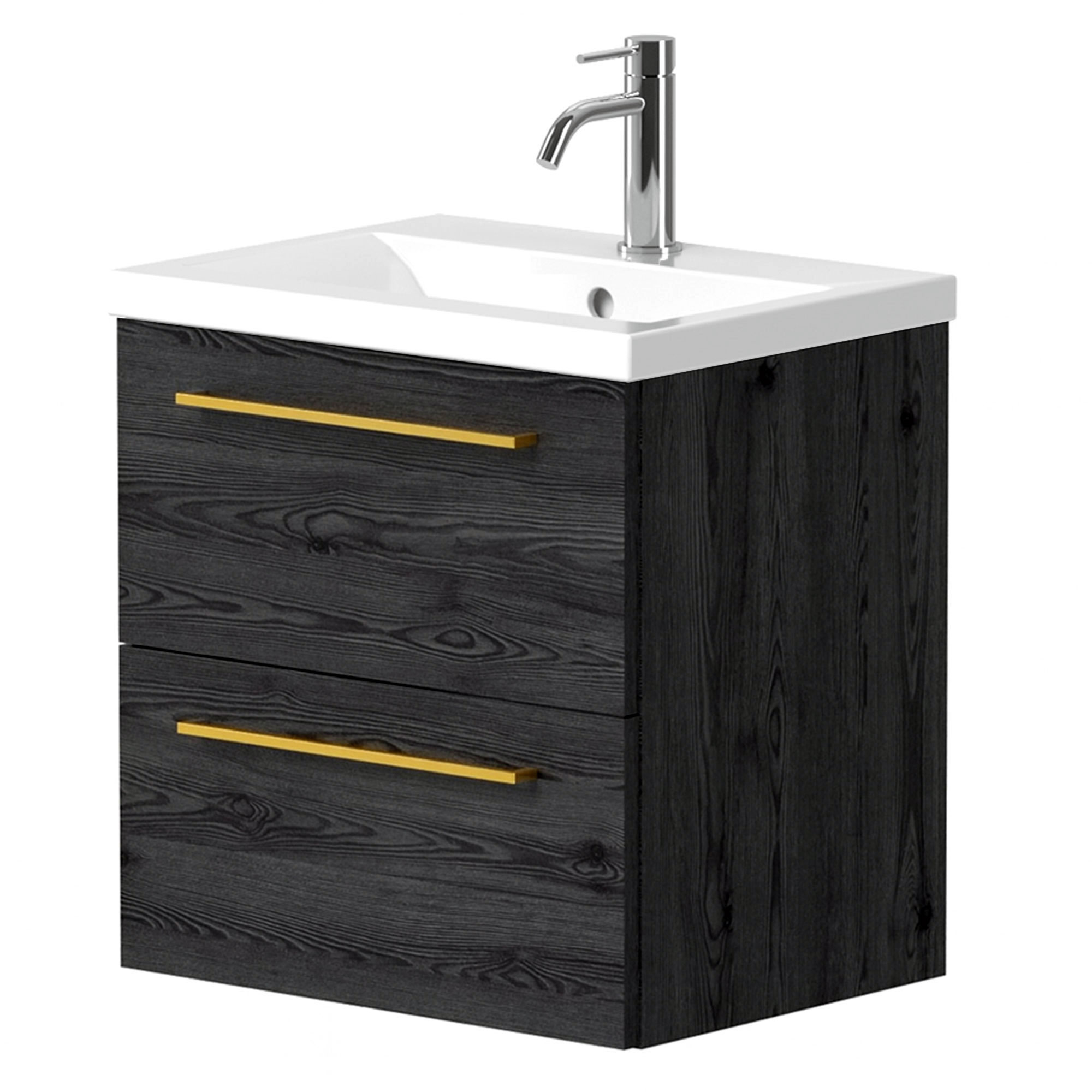 Servantskap Brook Svart Eik Matt 50x38 cm med Handfat Hvit & Håndtaken Gull