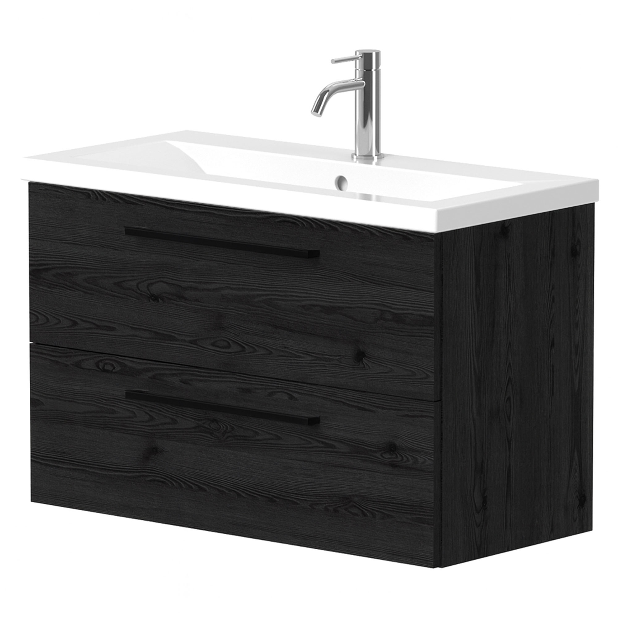 Servantskap Brook Svart Eik Matt 80x38 cm med Handfat Hvit & Håndtaken Svart