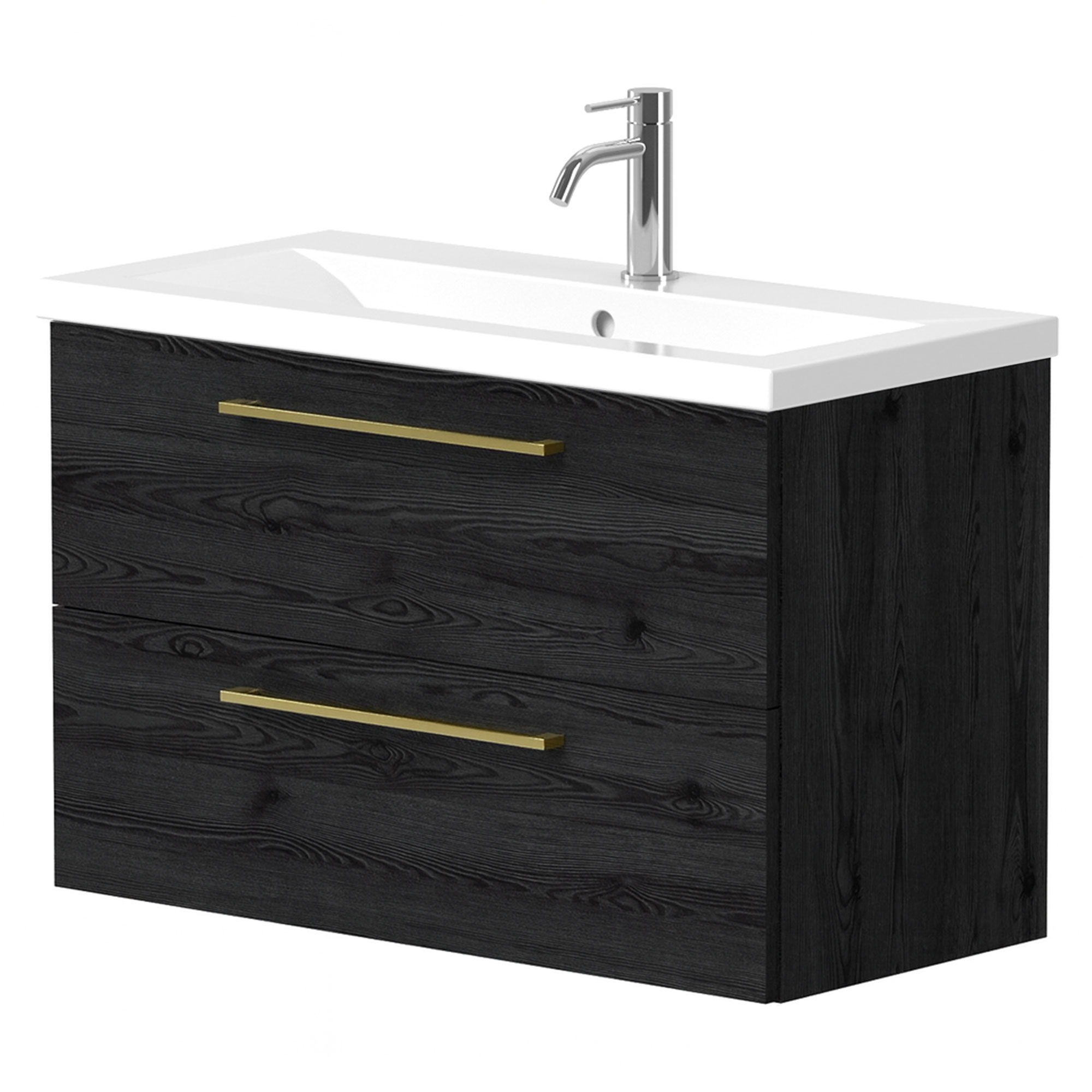 Servantskap Brook Svart Eik Matt 80x38 cm med Handfat Hvit & Håndtaken Gull