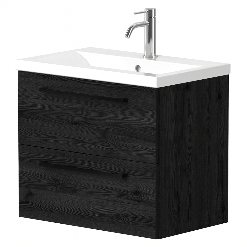 Servantskap Brook Svart Eik Matt 60x38 cm med Handfat Hvit & Håndtaken Svart