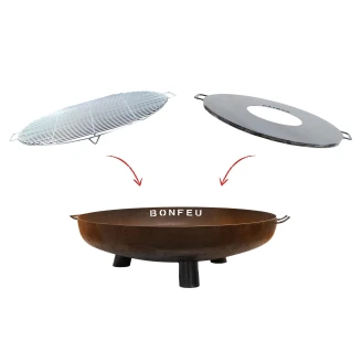 BonFeu Sæt med BonBowl Plus Ildskål Cortenstål 100 cm, Plancha & Grillrist