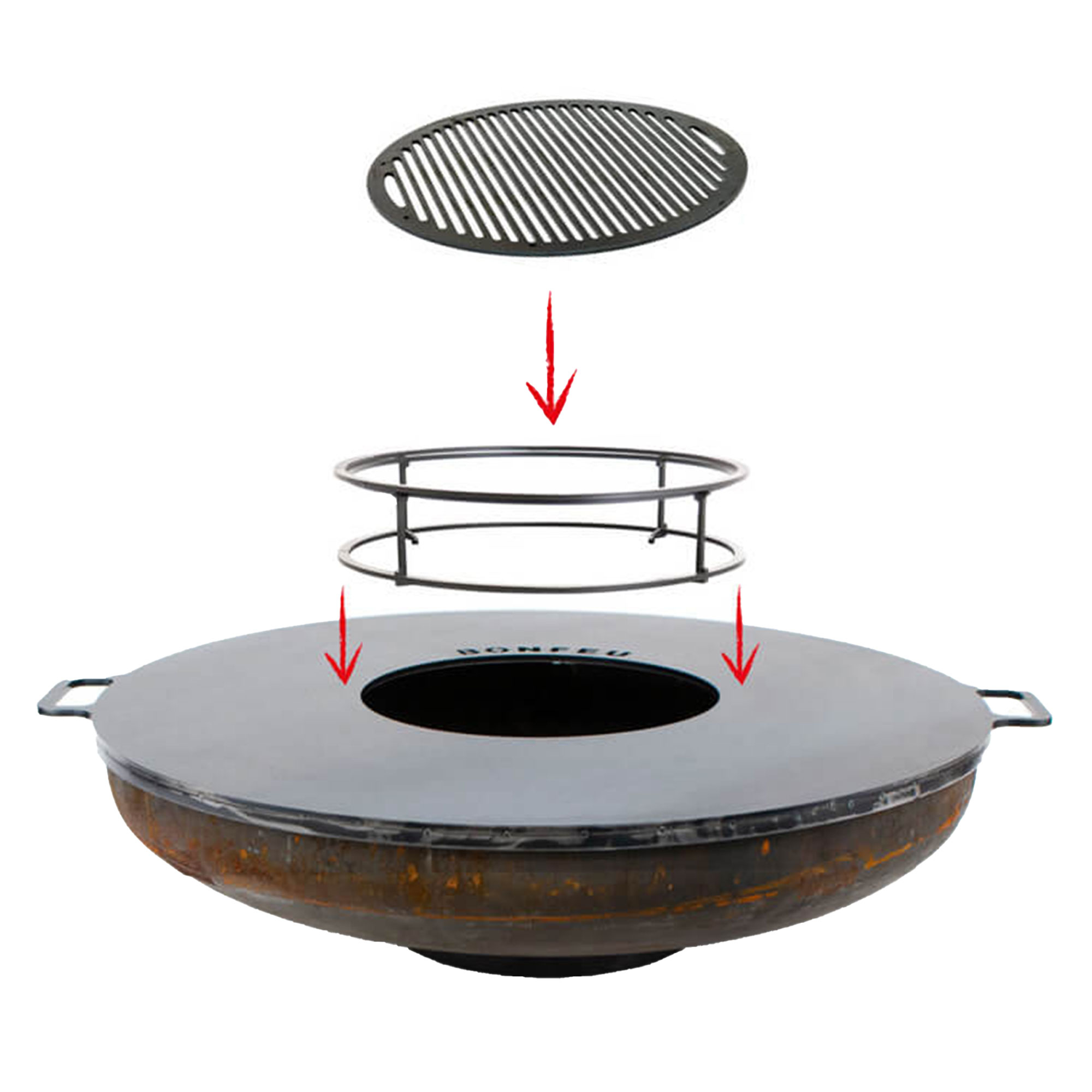 BonFeu Grillsett med BonBowl Ildskål Cortenstål 120 cm, Plancha, Dobbel Stålring til Grill & Rund Grillrist